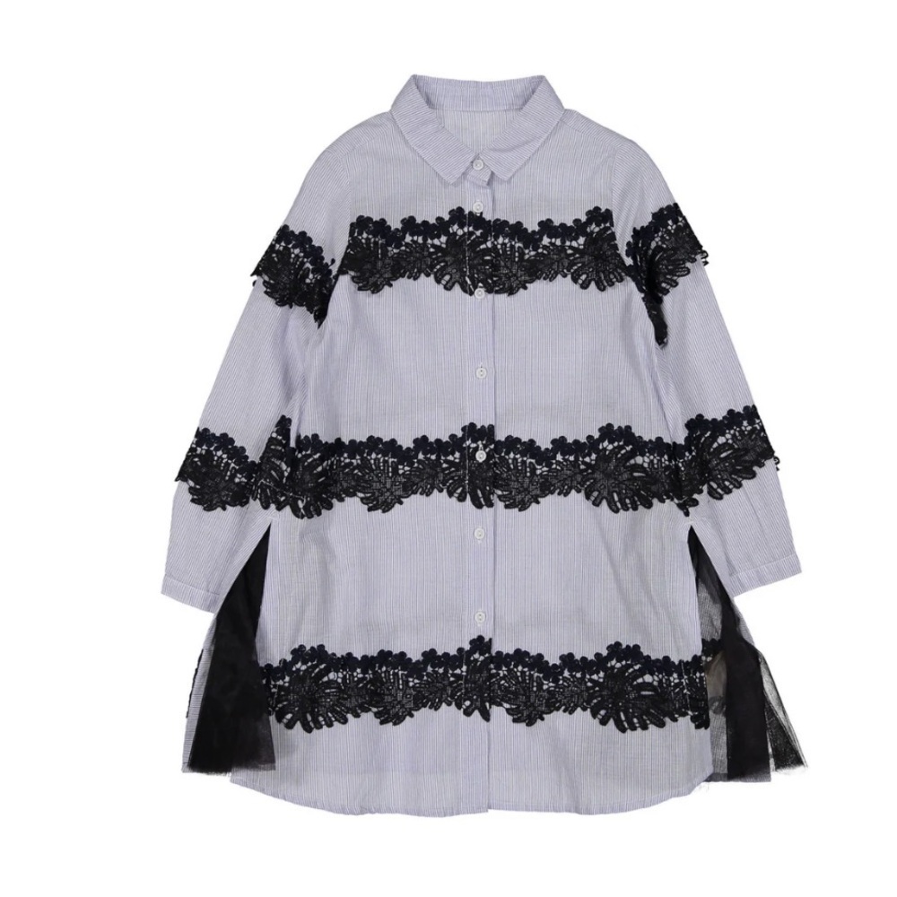JNBY White blue Lace Striped Dress a line collar button